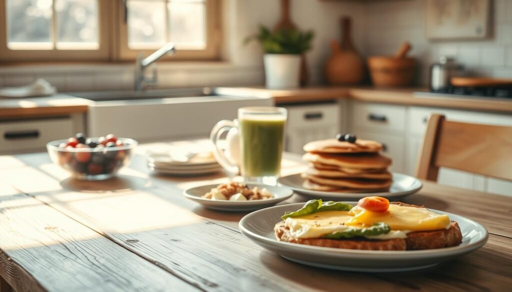A sun-dappled kitchen with a rustic wooden table, its surface adorned with an array of quick morning recipes - a bowl of fresh berries, a stack of fluffy pancakes, a smoothie in a glass, and a plate of scrambled eggs with avocado toast. Warm, indirect lighting casts a soft glow, highlighting the natural textures and muted blue accents that lend a sense of calm and ease. The scene conveys a feeling of effortless simplicity, inspiring a relaxed, organized start to the day.