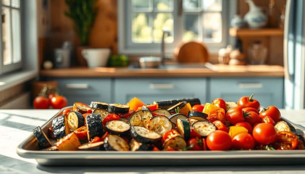 A sun-drenched Mediterranean kitchen, adorned with wooden textures and light blue accents. On a baking sheet, a vibrant array of roasted vegetables - zucchini, eggplant, bell peppers, and cherry tomatoes, seasoned with aromatic herbs and a drizzle of olive oil. The aroma of garlic and herbs fills the air, creating a warm, inviting atmosphere. Soft, diffused lighting illuminates the scene, casting gentle shadows and highlighting the natural colors of the ingredients. The layout is simple, clean, and uncluttered, allowing the focus to remain on the delectable sheet pan creations, ready to inspire a delicious Mediterranean-inspired meal.