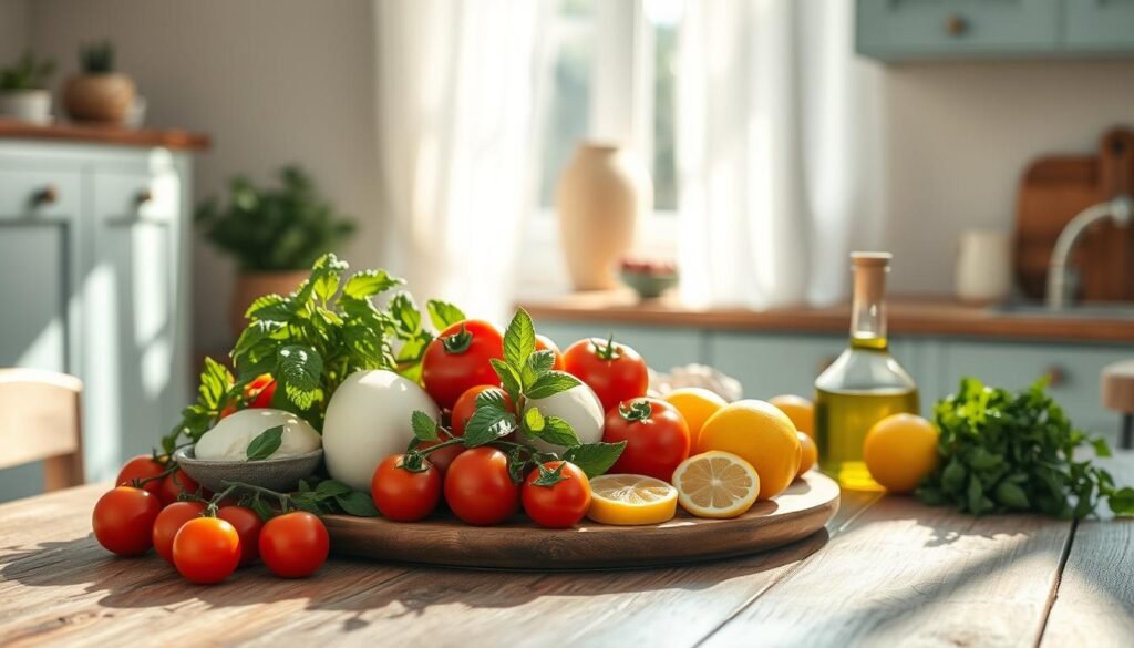 A sun-drenched Mediterranean kitchen brimming with fresh ingredients. On a rustic wooden table, a bountiful arrangement of plump tomatoes, fragrant basil, creamy burrata, vibrant lemon slices, and rich olive oil. Soft shadows cast by the natural light filtering through airy curtains, creating a serene, inviting atmosphere. In the background, a hint of sleek, light blue cabinetry and simple, earthy textures evoke the soothing, uncluttered aesthetic of the region. This still life captures the essence of the Mediterranean culinary tradition, hinting at the comforting, flavorful dishes that can be effortlessly prepared from these nourishing, high-quality ingredients.