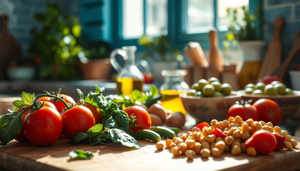 A sun-drenched Mediterranean kitchen, filled with an abundance of fresh, vibrant plant-based ingredients. In the foreground, a wooden cutting board showcases a colorful array of seasonal produce - ripe tomatoes, crisp cucumbers, fragrant basil, and earthy chickpeas. In the middle ground, a sleek glass jar holds golden olive oil, while a ceramic bowl overflows with vibrant green olives. Soft natural light filters through the kitchen's blue-tinted windows, casting a warm, inviting glow over the scene. The overall mood is one of nourishment, simplicity, and the celebration of the Mediterranean culinary tradition.