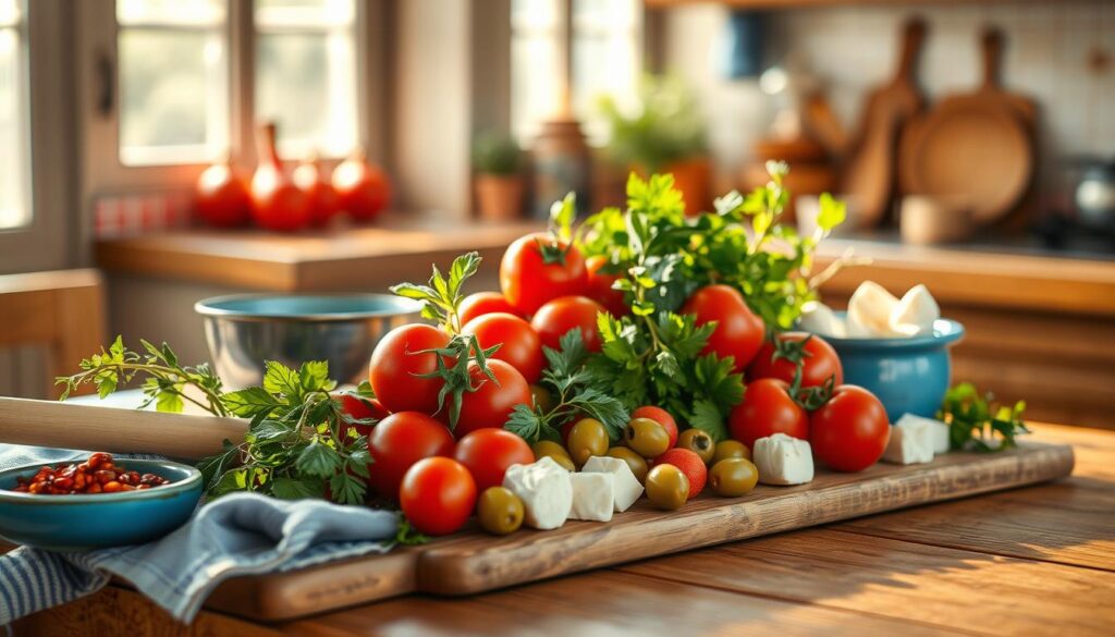 A sun-drenched Mediterranean kitchen, wooden surfaces bathed in warm, golden light. Arrange an artful still life of vibrant spices, fragrant herbs, and fresh produce - ruby-red tomatoes, emerald-green olives, and creamy feta cubes. Capture the essence of the region's cuisine, with a focus on the essential ingredients and preparation tools. Add a sense of rustic elegance, with minimal blue accents complementing the natural textures. Convey a mood of simplicity and culinary inspiration, ready to transport the viewer to a sun-kissed Mediterranean table.