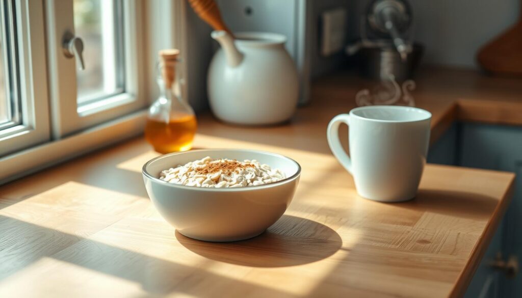 A sun-drenched kitchen counter, its wooden surface complemented by light blue accents. In the center, a bowl of fresh, steaming vanilla oats, garnished with a sprinkling of cinnamon. Beside it, a small pitcher of honey and a pristine white mug filled with a steaming beverage, likely a soothing cup of tea or coffee. The overall scene exudes a sense of simplicity, warmth, and mindfulness - a comforting, Stevia-sweetened start to the day.
