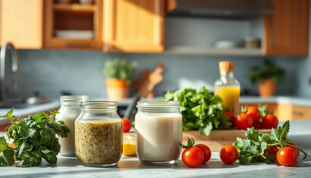 A sun-drenched kitchen counter showcases an assortment of no-cook dressings and sauces. In the foreground, a vibrant green pesto, a creamy tahini dressing, and a zesty lemon vinaigrette are artfully arranged. In the middle ground, a variety of fresh herbs, ripe tomatoes, and crisp greens add pops of color and texture. The background features warm, wooden cabinetry and light blue accents, creating a calming, minimalist atmosphere. Soft, natural lighting illuminates the scene, highlighting the fresh, uncooked ingredients and the effortless simplicity of these no-fuss condiments.