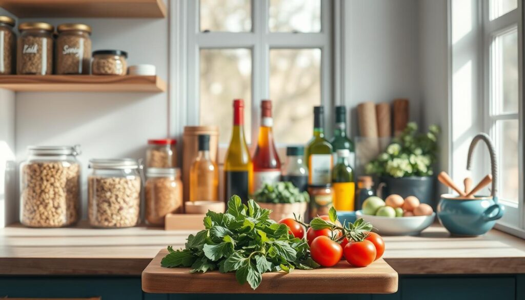 A sun-drenched kitchen countertop displays an array of well-stocked pantry essentials. Jars of dried legumes, grains, and spices line the shelves, their labels clearly visible. Bottles of olive oil, vinegar, and sauces sit neatly organized, ready for quick meal preparation. In the foreground, a cutting board holds a selection of fresh produce - crisp greens, ripe tomatoes, and vibrant herbs. The overall scene exudes a sense of calm, inviting the viewer to imagine the nourishing meals that can be crafted from these versatile ingredients. Soft, natural lighting filters through the kitchen's large windows, casting a warm glow on the wooden textures and complementary blue accents.