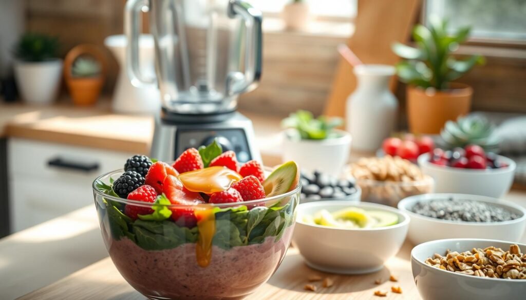 A sun-drenched kitchen scene, filled with an array of vibrant smoothie bowls. In the foreground, a bowl overflows with a creamy, nutrient-dense blend of fresh berries, leafy greens, and a drizzle of honey. Surrounding it, an assortment of bowls showcases diverse toppings - crunchy granola, sliced kiwi, and a sprinkle of chia seeds. In the middle ground, a high-powered blender stands ready, its glass carafe gleaming. The background features a rustic wooden countertop, adorned with potted succulents and a minimalist vase. Soft, diffused lighting bathes the scene, creating a calming, inviting atmosphere. The overall composition emphasizes the simplicity and wholesomeness of these nutritious smoothie bowls, perfect for a quick and delicious breakfast.