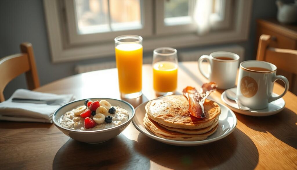 A sun-drenched kitchen table set with a bright, nutrient-rich breakfast spread: a bowl of creamy oatmeal topped with sliced bananas, berries, and a drizzle of honey; a plate of fluffy whole-wheat pancakes accompanied by a side of crisp, golden-brown bacon; a glass of freshly squeezed orange juice; and a mug of aromatic herbal tea, all against a backdrop of warm, wooden textures and light blue accents, creating a cozy, inviting atmosphere. Soft, natural lighting illuminates the scene, highlighting the vibrant colors and tempting textures of this wholesome, nourishing morning meal.
