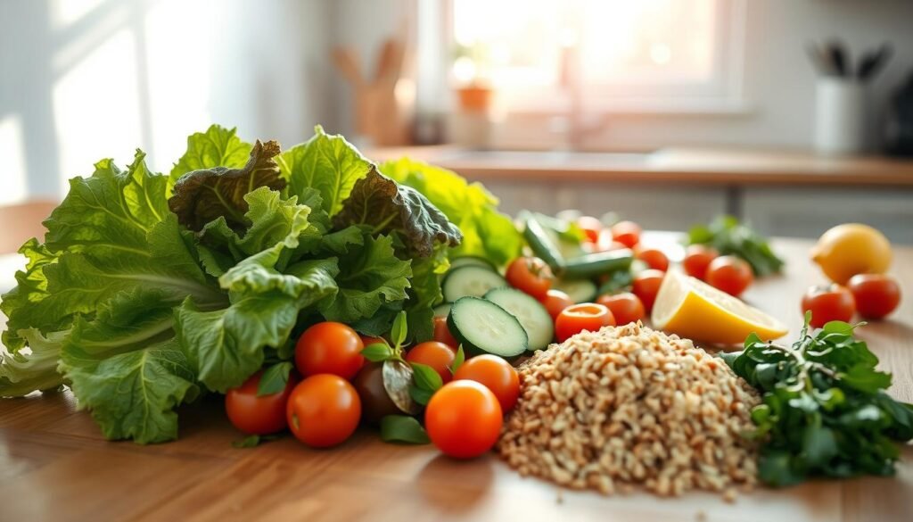 A sun-drenched kitchen table with a clean, minimal aesthetic. On the surface, an assortment of vibrant, freshly harvested ingredients: crisp romaine lettuce, juicy cherry tomatoes in a range of colors, crunchy cucumber slices, tender baby spinach leaves, and a scattering of peppery arugula. Alongside, a pile of earthy, nutty quinoa and a zest of lemon. The light filters in through a large window, casting a warm, golden glow over the scene. The mood is one of simplicity, wholesomeness, and the promise of a nourishing, flavorful meal to come.