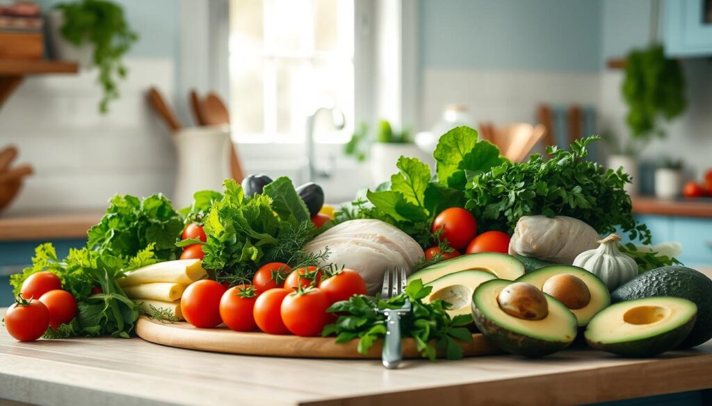 A sun-drenched kitchen with light blue accents and warmly weathered wooden surfaces. A bountiful array of fresh ingredients artfully arranged: crisp leafy greens, juicy tomatoes, fragrant herbs, tender chicken breasts, and creamy avocado slices. The mise en place exudes a sense of culinary potential, inviting the viewer to imagine the nourishing, balanced meals that could be prepared from these wholesome components. Soft, diffused lighting casts a gentle glow, highlighting the vibrant colors and natural textures. The scene evokes a mood of simple, mindful meal preparation - a serene oasis of healthy living amidst the bustle of the workday.
