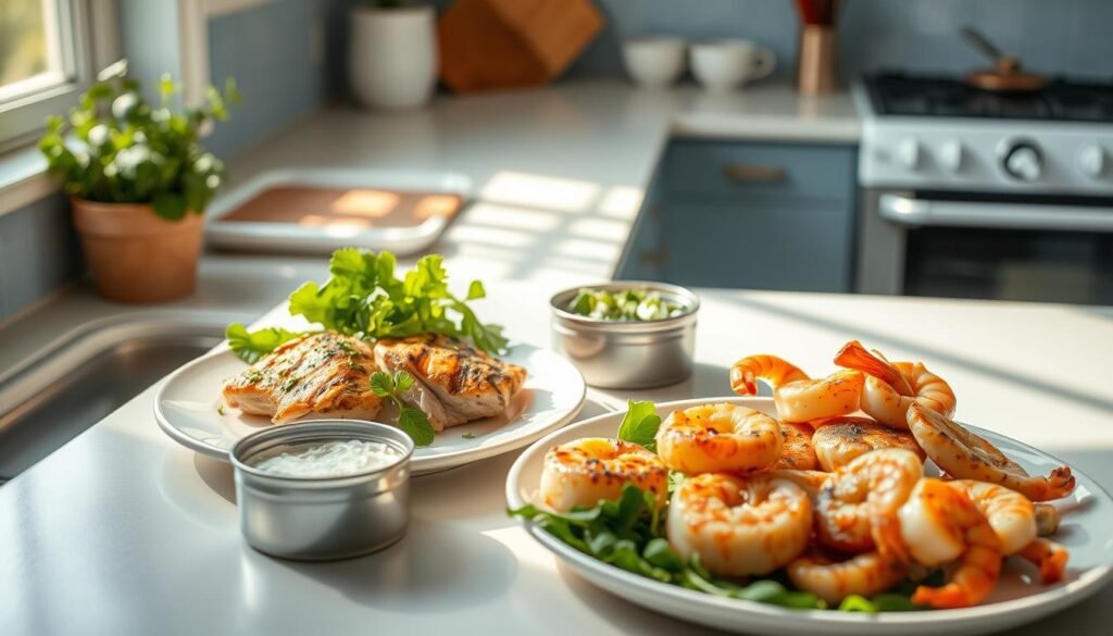 A sun-drenched kitchen with light blue accents and wooden textures. On the countertop, a selection of high-protein lunch options: a plate of grilled chicken breast with fresh herbs, a can of tuna alongside a small bowl of mixed greens, and a platter of seared scallops and shrimp. The scene exudes a sense of healthful, flavorful nourishment, with the focus on simple, wholesome ingredients that can be easily packed for a lunchbox meal.