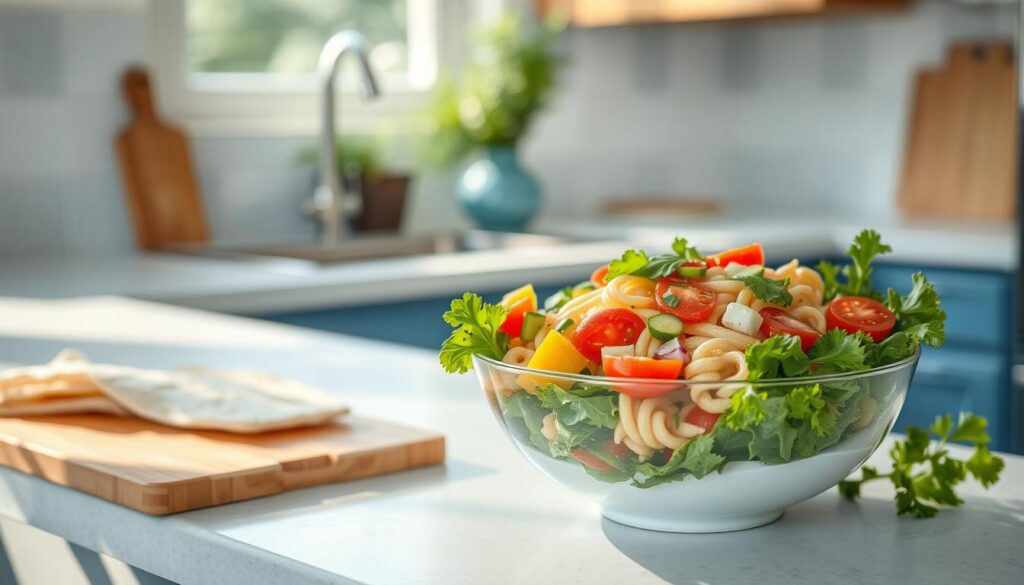 A sun-drenched kitchen with muted blue accents and natural wooden textures. On the counter, a cutting board with freshly prepped pita bread and a bowl of vibrant pasta salad, dressed in a tangy vinaigrette and teeming with colorful vegetables. Crisp greens, juicy tomatoes, and crunchy cucumbers spill over the edges, hinting at the nourishing flavors to come. The scene exudes a sense of simplicity and efficiency, inviting the viewer to imagine a wholesome, satisfying cold lunch.