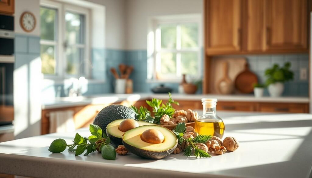 A sun-drenched kitchen with warm wooden tones and light blue accents. On a clean, minimal counter, an arrangement of vibrant, nourishing ingredients - avocado, walnuts, olive oil, and fresh herbs. The lighting is soft and natural, casting gentle shadows and highlighting the textures of the healthy fats. The composition is balanced and visually appealing, conveying a sense of culinary harmony and a commitment to flavorful, diabetes-friendly meal preparation.