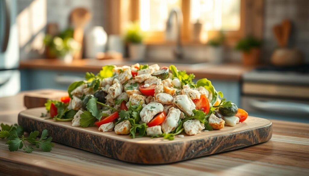 A sun-drenched kitchen with wooden textures and light blue accents showcases a rustic wooden board laden with a vibrant chicken salad. Fresh herbs, crunchy vegetables, and a creamy dressing create a tempting array of flavors and textures. The salad is arranged artfully, with each ingredient carefully placed to highlight its unique contribution. Soft shadows and warm lighting enhance the overall appetizing presentation, inviting the viewer to imagine the satisfying, no-heat lunch experience.