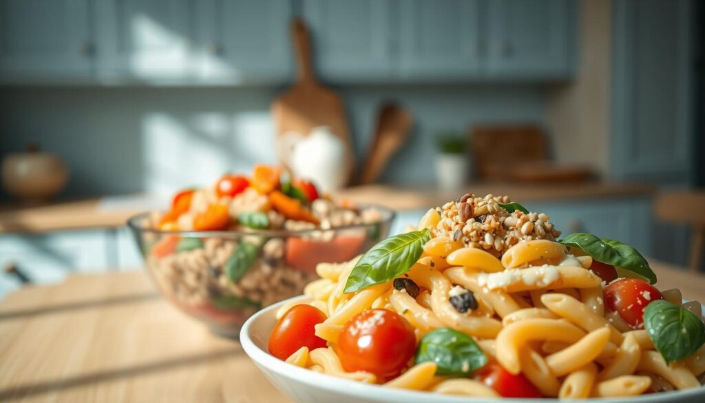 A sun-drenched, minimalist kitchen with light blue accents and warm wooden textures. In the foreground, a bountiful pasta salad with al dente penne, juicy cherry tomatoes, fresh basil leaves, and a creamy, tangy dressing. In the middle, a vibrant grain bowl overflowing with quinoa, roasted sweet potatoes, crunchy cucumbers, and a sprinkle of toasted nuts and seeds. The scene exudes a sense of effortless, wholesome nourishment, inviting the viewer to explore these innovative, teen-friendly cold lunch options.