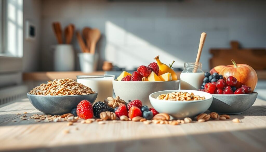A sun-drenched, rustic kitchen counter with wooden textures and light blue accents. In the foreground, an array of pantry staples for healthy breakfasts - golden oats, crisp apples, vibrant berries, crunchy nuts, and a drizzle of honey. In the middle ground, a simple ceramic bowl and glass of milk. The background features a minimalist, whitewashed wall, casting a warm, comforting glow over the scene. The lighting is soft and diffused, highlighting the natural textures and colors of the ingredients. The overall mood is one of simplicity, nourishment, and a touch of cozy domesticity.