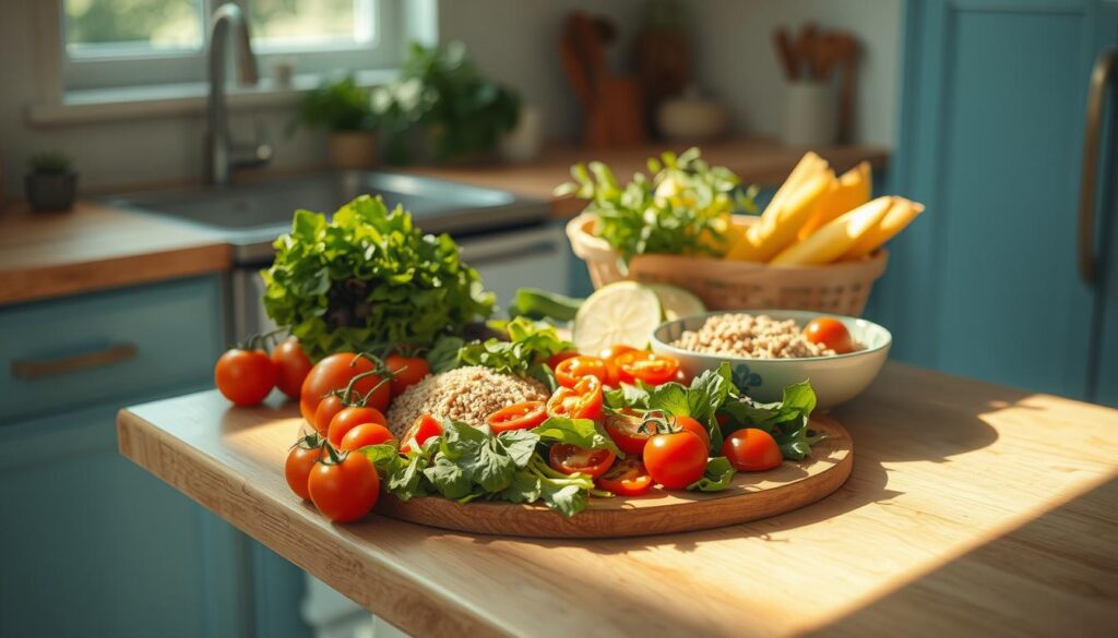 A sun-filled kitchen with a wooden table and light blue accents. A variety of fresh, colorful ingredients arranged artfully - crisp greens, juicy tomatoes, crunchy veggies, hearty grains. Minimal yet inviting, the scene exudes an effortless, healthy vibe. Delicate shadows play across the surfaces, highlighting the natural textures. The composition is balanced and visually appealing, inspiring ideas for quick, nutritious lunches. Warm, diffused lighting creates a soft, calming atmosphere, inviting the viewer to linger and be nourished.