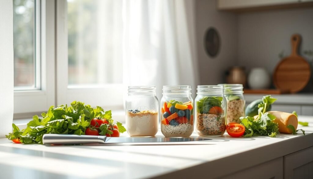 A sun-filled kitchen with clean, minimalist styling. On the counter, a collection of fresh, colorful ingredients - leafy greens, plump tomatoes, crisp vegetables, and a quartet of mason jars filled with salad, hummus, yogurt, and overnight oats. Soft natural light filters through sheer curtains, casting a warm glow on the scene. A gleaming stainless steel knife rests nearby, ready to effortlessly prep the ingredients. The atmosphere is one of calm, efficiency, and a thoughtful approach to midday sustenance - a time-saving lunch prep that nourishes both body and mind.