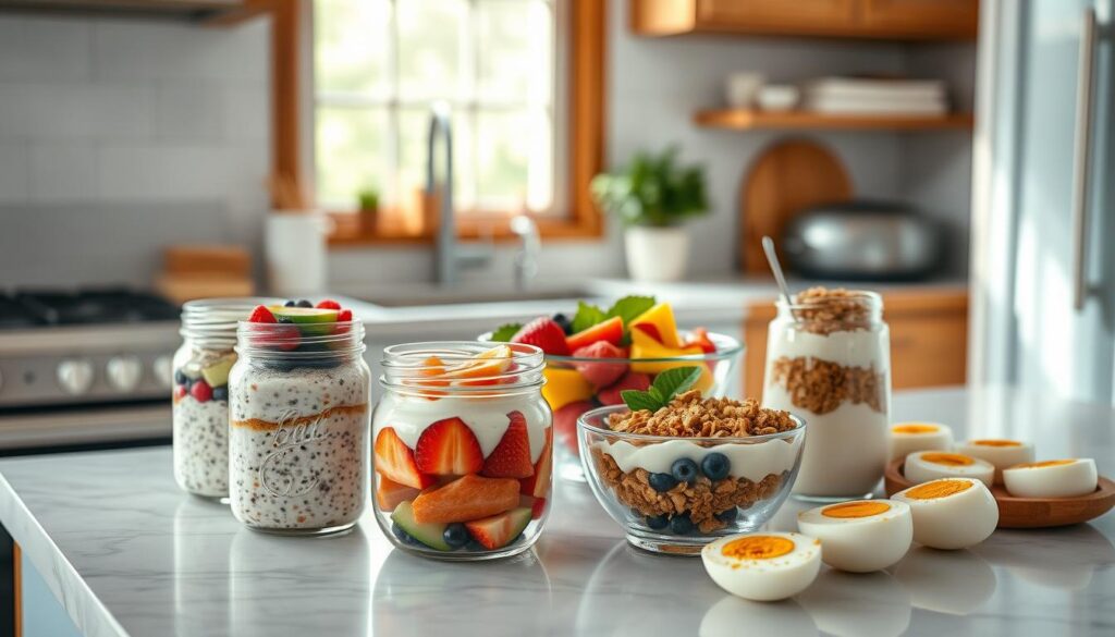 A sunlit kitchen with warm wooden accents and muted blue hues. On a clean marble countertop, an assortment of healthy breakfast meal prep items – overnight oats in mason jars, colorful fruit salads in glass bowls, Greek yogurt parfaits with crunchy granola, and hard-boiled eggs neatly arranged. The scene exudes a sense of organization and intentionality, perfect for a work-friendly morning routine. Soft, natural lighting casts a gentle glow, creating an inviting and nourishing atmosphere.