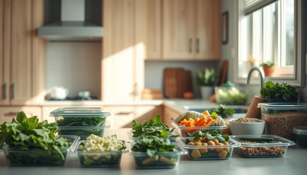 A sunny, airy kitchen with light-toned wooden cabinetry and accents of soft blue. On the countertop, an assortment of meal prep containers, fresh produce, and a few simple kitchen tools. Leafy greens, chopped vegetables, and pre-cooked grains neatly arranged, suggesting a quick and easy lunch assembly. Natural light filters in through the window, casting a warm glow over the organized scene. The atmosphere is calm and inviting, reflecting the efficiency and mindfulness of the meal prep process.