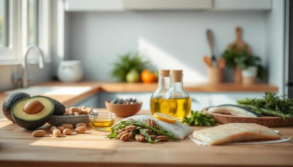 A sunny, minimalist kitchen with wooden countertops and light blue accents. On the counter, an array of healthy fats - avocados, nuts, olive oil, and fish fillets. Soft, diffused lighting accentuates the natural textures and rich colors. In the background, a glimpse of fresh produce, hinting at the nourishing, diabetic-friendly meal to come. The scene conveys a sense of balance, wellness, and culinary expertise, setting the stage for the role of healthy fats in blood sugar control.