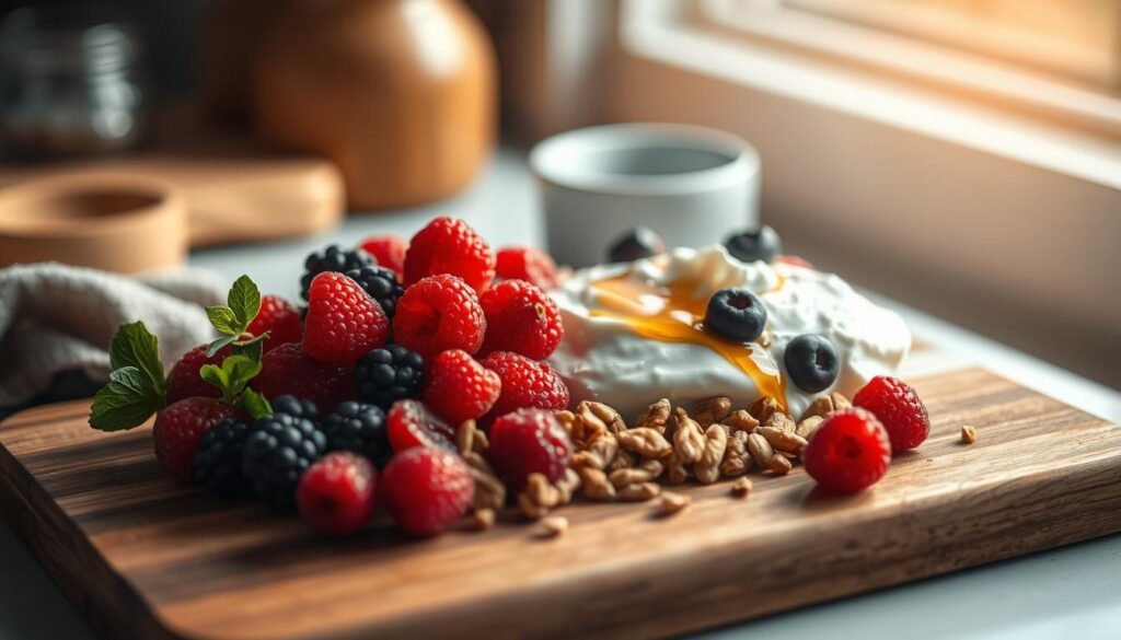 A tantalizing arrangement of low-sugar breakfast ingredients nestled in a cozy, minimal kitchen. Freshly picked berries, creamy Greek yogurt, crunchy nuts, and a drizzle of honey artfully presented on a wooden board. Soft, diffused lighting casts a warm glow, accentuating the natural textures and colors. The scene evokes a sense of simplicity and wholesomeness, inviting the viewer to savor the flavors and embrace the beauty of a low-sugar breakfast that satisfies the senses.