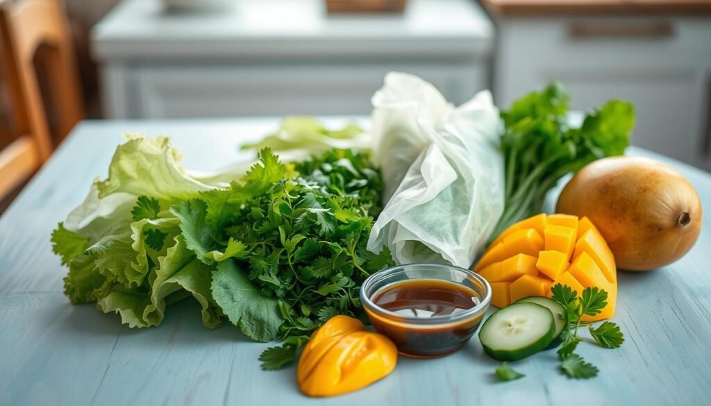 A tasteful arrangement of fresh summer roll ingredients on a light blue wooden table: crisp lettuce leaves, vibrant herbs like mint and cilantro, tender rice paper wrappers, sliced cucumbers, ripe mango, and a small dipping sauce bowl with a subtle ginger-soy aroma. The natural lighting softly illuminates the scene, highlighting the colors and textures of the ingredients. The minimalist kitchen setting with wooden accents creates a serene, inviting atmosphere to prepare these healthy, flavorful summer rolls.