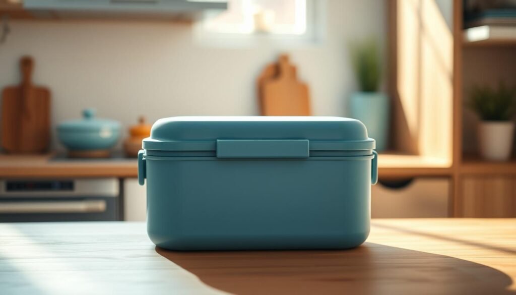 A temperature-controlled lunch container with clean, sleek lines rests on a wooden countertop in a cozy, minimalist kitchen. The container's matte blue exterior complements the light blue accents of the space, creating a serene atmosphere. Soft, directional lighting casts gentle shadows, highlighting the container's thoughtful design details. The scene conveys the benefits of using a no-heat lunchbox - the ability to maintain food freshness and temperature without the need for bulky heating elements or power sources.