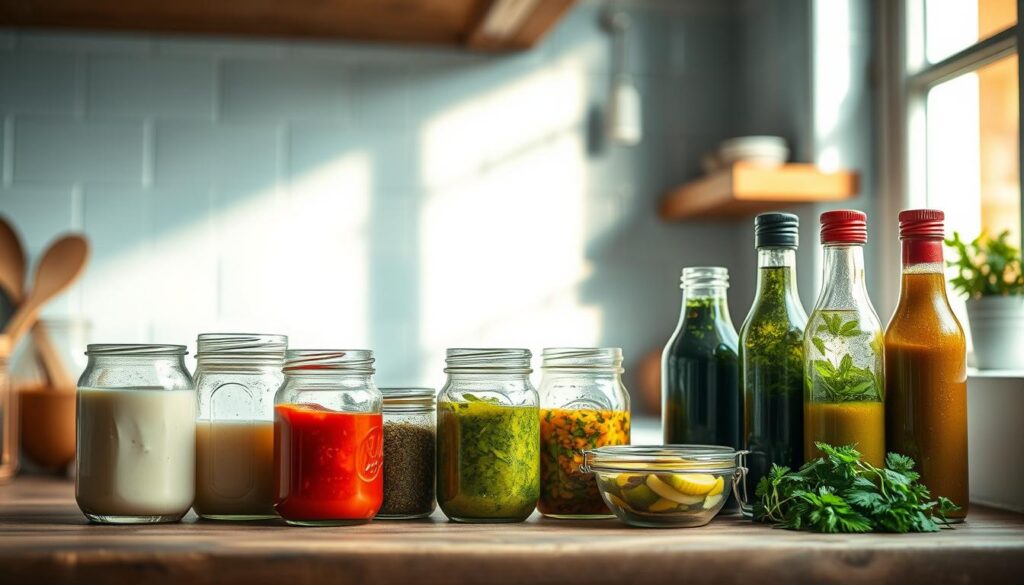 A tempting arrangement of versatile sauces in a cozy, minimal kitchen setting. A variety of glass jars and bottles filled with vibrant, fresh-made condiments sit atop a rustic wooden counter, accented by light blue tile backsplash. Soft, diffused lighting from a nearby window casts a warm glow, highlighting the diverse textures and colors of the sauces - from creamy white tahini to deep red chili oil, zesty green pesto to tangy balsamic reduction. The overall scene exudes a sense of culinary inspiration and the promise of flavorful, homemade meals.