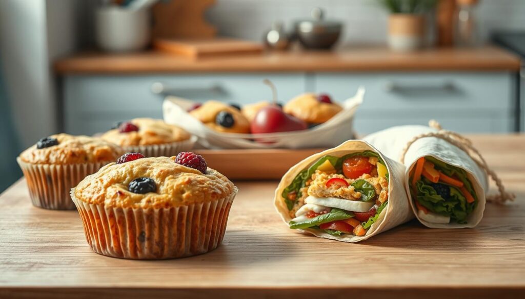 A tempting array of freshly baked muffins and snug, hand-held wraps lies on a wooden table, bathed in soft, natural light. The muffins, their golden tops dotted with glistening berries, exude a welcoming aroma. Beside them, the wraps, neatly rolled and cut in half, reveal a tantalizing mix of vibrant vegetables and creamy fillings. The minimalist kitchen setting, with light blue accents, creates a cozy, inviting atmosphere, perfectly suited for a nutritious and delectable on-the-go breakfast.