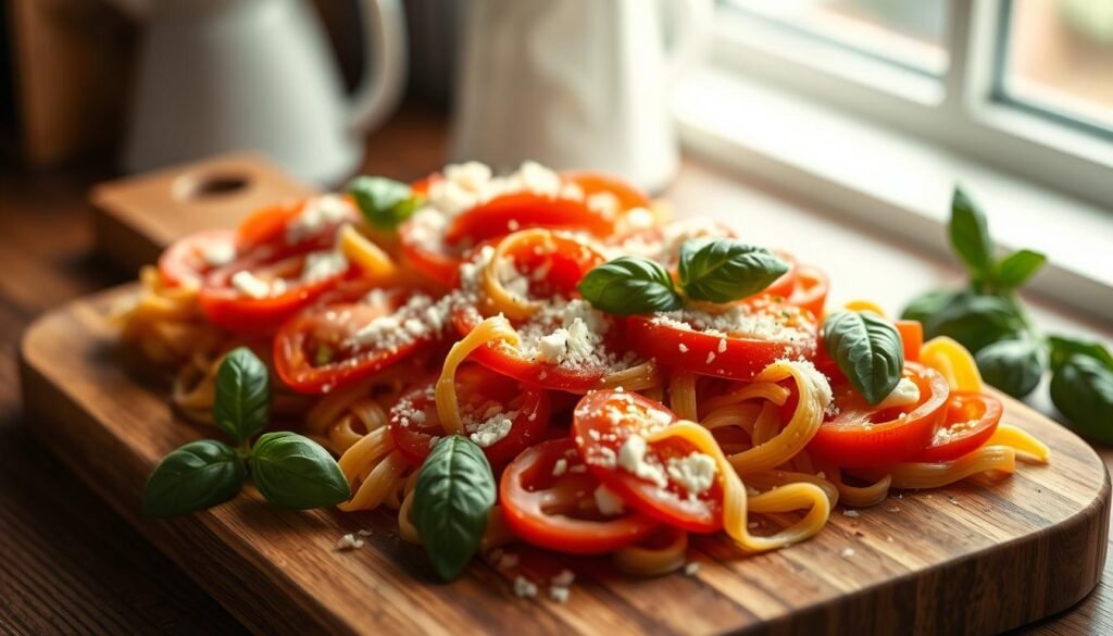 A tempting tomato pasta bake, meticulously assembled on a wooden cutting board. Vibrant, ripe tomatoes are sliced and layered with grated mozzarella, sprinkled with fragrant basil leaves. Ribbons of al dente pasta are gently nestled between the luscious tomato slices, creating a harmonious composition. Soft, indirect lighting from a nearby window casts a warm, inviting glow, highlighting the dish's textures and colors. The scene conveys a sense of homemade comfort, perfect for a family dinner.