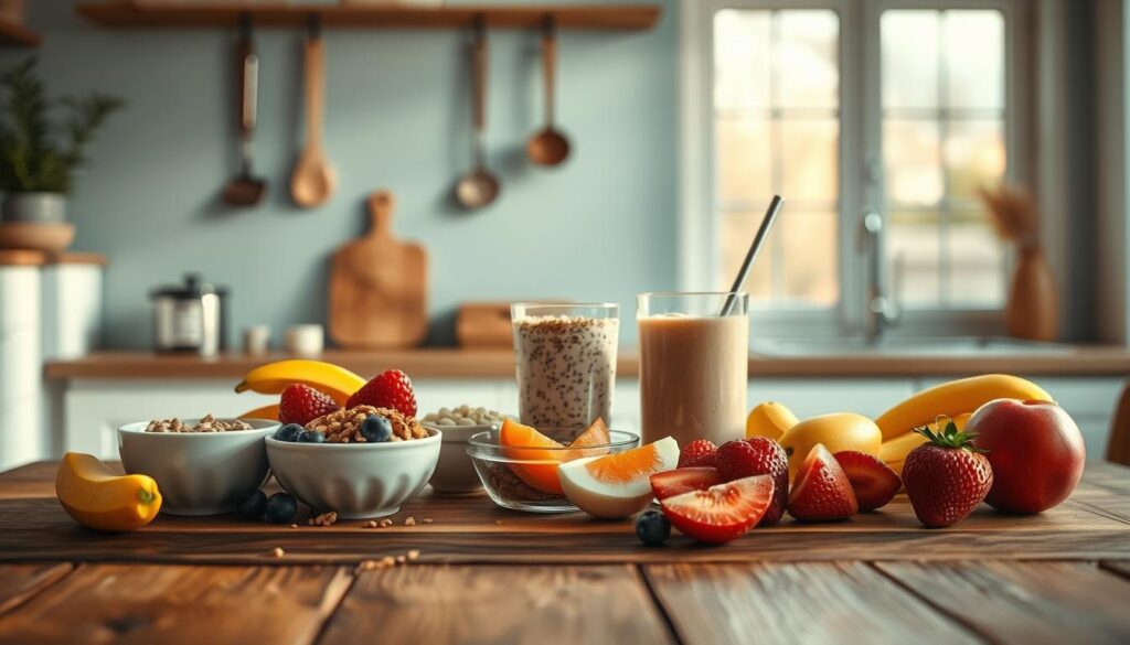 A thoughtfully composed spread of quick and nourishing breakfast items arranged on a rustic wooden table in a cozy, minimalist kitchen. In the foreground, an assortment of fresh fruits, yogurt, and granola are artfully presented. In the middle ground, a small bowl of overnight oats and a smoothie in a glass tumbler sit alongside a hardboiled egg. The background features a sleek, light blue backsplash and simple kitchen utensils hanging on the wall, creating a calm, productive atmosphere. Warm, natural lighting from a large window casts a soft glow over the scene, highlighting the textures and colors of the healthy meal prep.