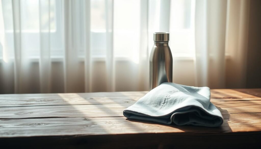 A thoughtfully curated arrangement of cold lunch essentials nestled on a rustic wooden table, bathed in soft natural light filtering through sheer curtains. A simple glass container, stainless steel water bottle, and a reusable cloth napkin in a muted blue tone create a composed, minimalist still life. The composition is balanced, with ample negative space to allow the practical items to take center stage. The overall mood is one of understated elegance and efficiency, perfectly suited for a busy workday lunch.