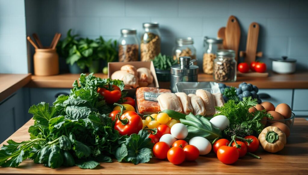 A tidy arrangement of Whole30-compliant clean eating ingredients on a wooden kitchen counter under soft natural lighting. In the foreground, a variety of fresh vegetables including leafy greens, peppers, and tomatoes. In the middle ground, a selection of protein sources such as chicken breasts, salmon fillets, and hard-boiled eggs. In the background, glass jars filled with nuts, seeds, and spices. The kitchen has light blue accents, creating a soothing, minimalist atmosphere ideal for meal prepping.