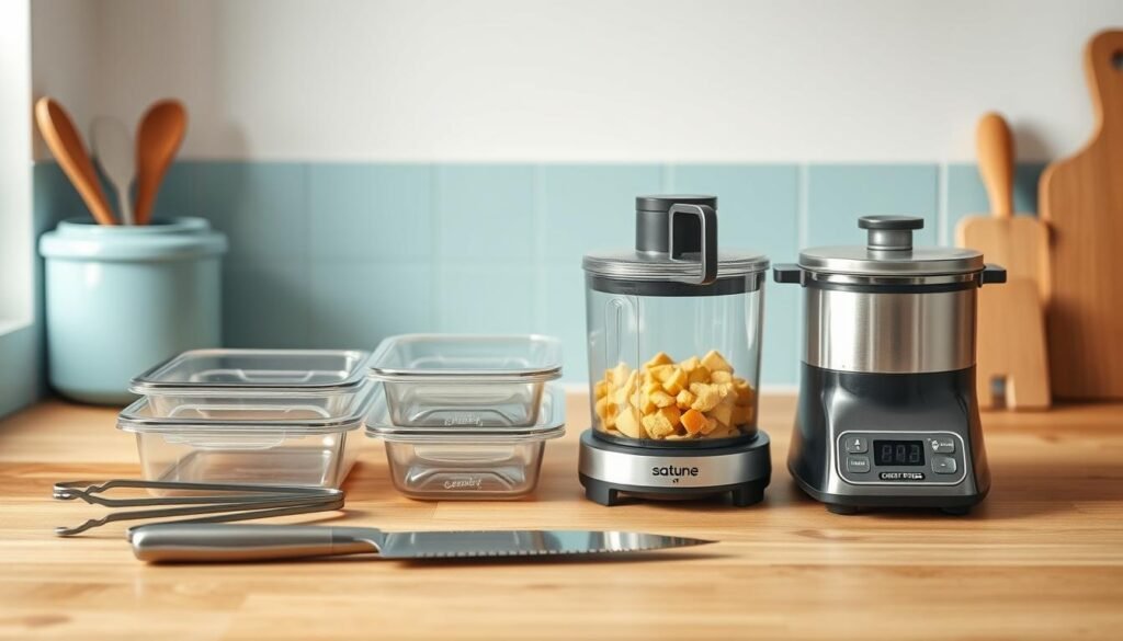 A tidy kitchen counter arranged with a selection of meal prep essentials: rectangular glass containers, sleek metal tongs, a sharp chef's knife, a compact manual food processor, and a small stainless steel scale, all neatly organized against a backdrop of warm wooden surfaces and light blue accents. The scene is illuminated by soft, even lighting, creating a calming, minimalist atmosphere ideal for efficient meal planning and preparation.