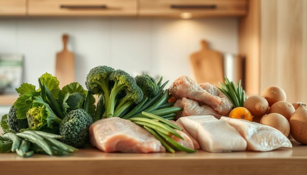 A tidy kitchen counter displays an array of fresh vegetables and lean proteins, arranged in harmonious pairings. Succulent chicken breasts, tender pork chops, and flaky white fish sit alongside vibrant broccoli florets, crisp green beans, and earthy sweet potatoes. Warm lighting from overhead casts a soft glow, highlighting the natural textures and colors. The minimal, wooden-accented decor creates a cozy, inviting atmosphere, encouraging the viewer to imagine the delicious, wholesome meals that could be prepared with these simple, nutritious ingredients.