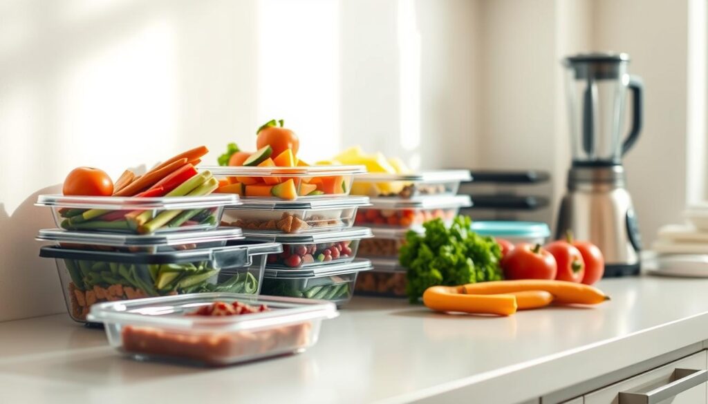 A tidy kitchen counter with a variety of healthy, quick meal prep items artfully arranged - colorful fresh vegetables, containers of pre-portioned protein, a stack of reusable meal prep containers, and a sleek blender. Soft, natural lighting bathes the scene in a warm, inviting glow, emphasizing the clean, minimalist design of the space. The overall mood is one of efficiency, organization, and a commitment to nourishing, effortless meals during busy mornings.