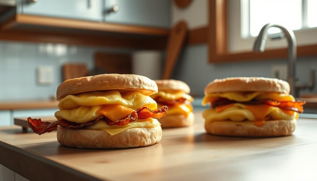 A tidy kitchen countertop showcases a trio of freshly prepared breakfast sandwiches, their golden toasted English muffins cradling fluffy scrambled eggs, crisp bacon, and melted cheddar cheese. The scene is bathed in soft, natural light filtering through a nearby window, casting a warm glow over the scene. Wooden accents and light blue cabinetry lend a cozy, minimalist aesthetic, creating a peaceful, inviting atmosphere. The image conveys the ease and satisfaction of starting the day with a nourishing, homemade meal.