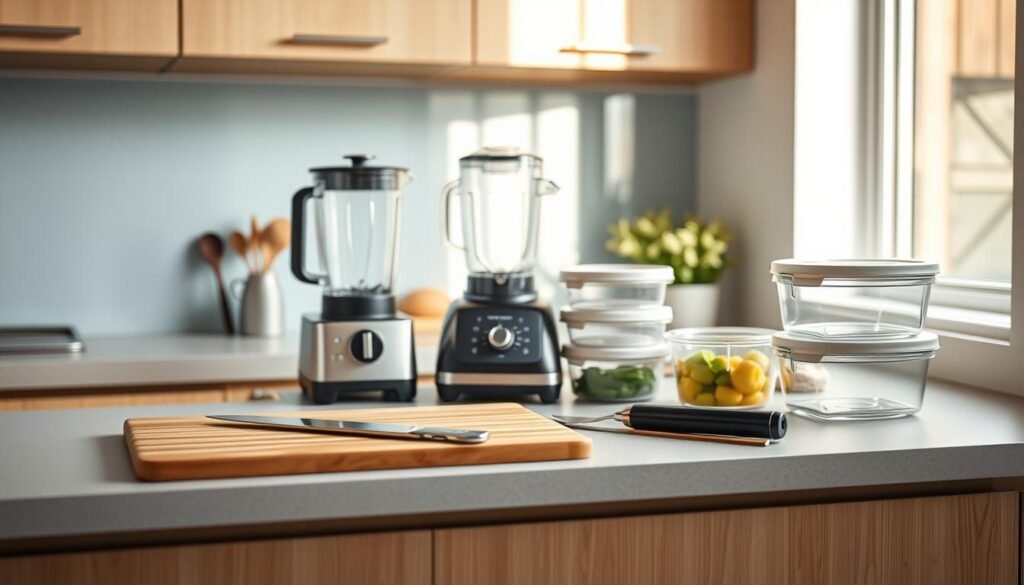 A tidy kitchen countertop showcases an array of efficient meal prep tools - a sturdy cutting board, a sharp chef's knife, a high-powered blender, and a sleek storage container set. Soft natural light filters through a nearby window, casting a warm glow on the clean, modern aesthetic. In the background, a minimalist backsplash in light blue hues complements the wooden cabinetry, creating a calming, organized atmosphere perfect for a busy professional's meal planning needs.
