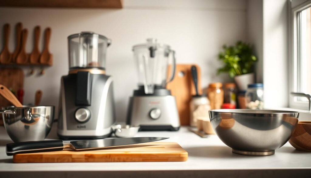 A tidy, well-lit kitchen countertop, showcasing an array of meal prep tools. In the foreground, a sharp chef's knife, a wooden cutting board, and a stainless steel mixing bowl. In the middle ground, a sleek food processor, a high-powered blender, and a set of measuring cups and spoons. In the background, a minimalist spice rack, a jar of fresh herbs, and a few essential pantry items. The natural light filters in through a nearby window, casting a warm glow over the scene. The overall atmosphere is one of efficiency, organization, and a love for home-cooked, wholesome meals.