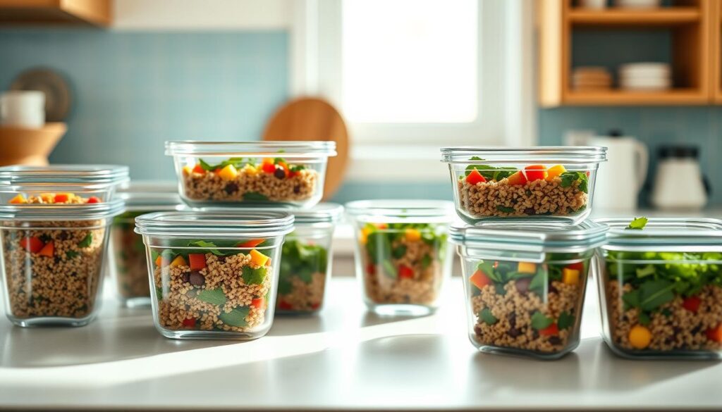 A tidy, well-organized kitchen counter with various glass meal prep containers, each filled with a colorful quinoa salad featuring fresh vegetables and herbs. The containers are arranged neatly, showcasing the vibrant colors and textures of the salad. Wooden accents and a light blue backsplash provide a warm, minimalist aesthetic. Soft, natural lighting illuminates the scene, casting subtle shadows and highlights the clean, streamlined design of the storage solutions. The overall atmosphere conveys a sense of order, efficiency, and a commitment to healthy, make-ahead meals.