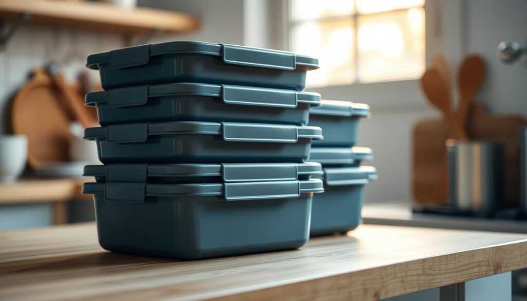 A tightly-packed arrangement of durable, stackable plastic containers in muted tones of blue and gray, their lids securely snapped in place, resting on a wooden kitchen counter. The containers are backlit by warm, diffused natural light filtering through a nearby window, casting soft shadows and highlighting their sleek, practical design. The overall scene conveys a sense of efficient organization and thoughtful storage solutions within a cozy, minimalist kitchen space.