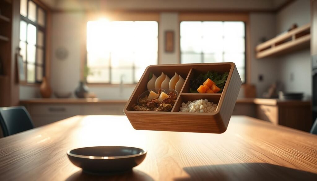 A timeless bento box floating in a serene, minimalist kitchen, its compartments revealing the rich history and modern evolution of this beloved Japanese culinary tradition. Warm, natural light filters through the windows, casting a gentle glow on the wooden surfaces and soft blue accents. The bento box's elegant lines and precise divisions symbolize the harmony of flavors, textures, and presentation that define the bento aesthetic. In the background, subtle details allude to the centuries-old origins of this portable meal, while the clean, contemporary setting suggests its enduring appeal in modern cuisine.