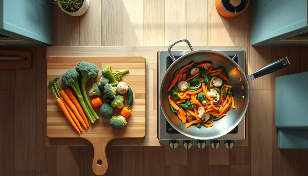 A top-down view of a cozy, minimal kitchen with wooden textures and light blue accents. In the center, a wooden cutting board showcases a variety of fresh, vibrant vegetables - carrots, broccoli, bell peppers, and mushrooms. Next to the board, a stainless steel wok sits atop a gas stove, filled with sizzling oil. The wok's contents are in motion, with the vegetables being expertly tossed and stirred, their colors and textures contrasting beautifully. Overhead, soft, natural lighting filters in, casting a warm glow over the scene. The atmosphere is one of focused culinary craftsmanship, where the art of stir-fry preparation is on full display.