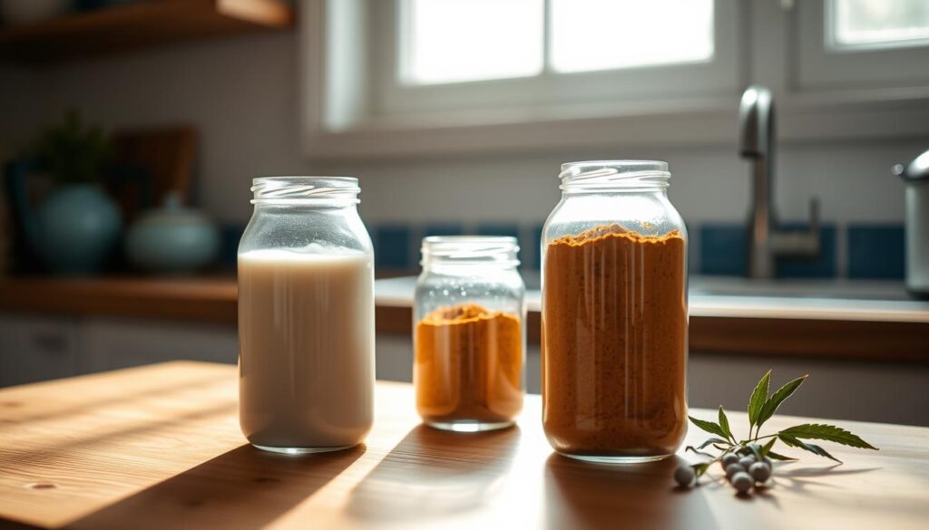 A tranquil kitchen scene captures the essence of mastering curry flavors. Sunlight filters through a window, illuminating wooden countertops where two glass jars sit - one filled with creamy coconut milk, the other with fragrant curry powder. The items are carefully balanced, their contrasting colors and textures creating a harmonious still life. Subtle blue accents in the background suggest a calming, minimalist aesthetic. This serene composition invites the viewer to explore the art of blending aromatic spices and rich coconut milk, the keys to crafting delightful curry dishes.
