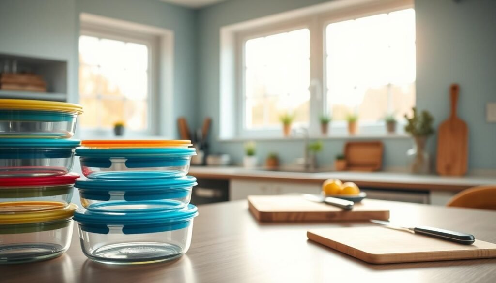 A tranquil kitchen scene showcases the benefits of a thoughtful meal prepping system. In the foreground, meticulously organized glass containers and color-coded lids hint at a streamlined morning routine. The middle ground features a sleek, minimalist countertop with a cutting board, knife, and a few fresh ingredients, suggesting the final touches being added to prepared meals. Warm natural light filters in through large windows, casting a soft glow over the scene and creating a soothing, inviting atmosphere. The walls are painted a calming light blue, complementing the wooden accents and textures that permeate the space, conveying a sense of order and efficiency.