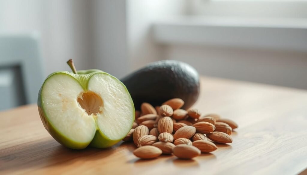 A trio of fresh, vibrant breakfast ingredients arranged on a wooden table, bathed in soft, natural light. In the foreground, a crisp green apple, sliced to reveal its juicy, glistening flesh. Beside it, a smooth, creamy avocado, its surface gently textured. In the middle, a small pile of raw, unpeeled almonds, their rich brown hues complemented by the light blue accents of the minimal, cozy kitchen setting. The warm, earthy tones of the wooden surface create a sense of simplicity and nourishment, inviting the viewer to imagine a healthy, wholesome breakfast experience.