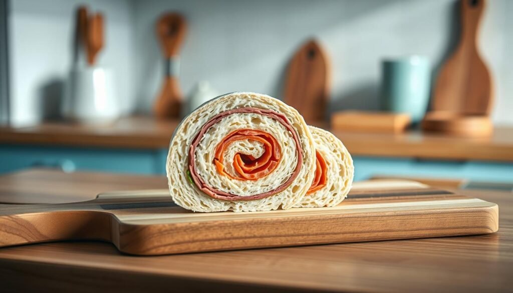 A troubleshooting pinwheel sandwich demonstration set in a cozy, minimal kitchen with light blue accents and wooden textures. A single pinwheel slice is positioned on a wooden cutting board, partially unrolled to reveal its inner spiral. Soft, directional lighting highlights the intricate layers of the pinwheel, inviting the viewer to study its construction. The background is clean and uncluttered, allowing the pinwheel to be the focal point. The overall atmosphere is one of calm, contemplation, and a desire to understand the mechanics of this delightful sandwich.