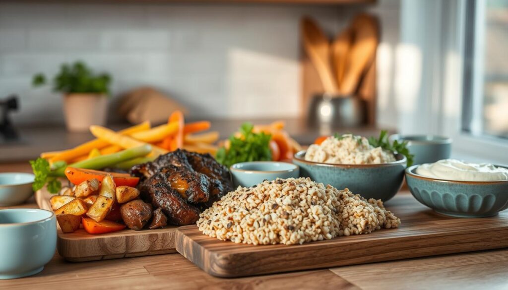 A varied assortment of satisfying meal textures nestled in a cozy, minimal kitchen. Crisp roasted vegetables, tender braised meat, fluffy quinoa, and creamy hummus artfully arranged on wooden serving boards. Warm lighting casts a soft glow, highlighting the interplay of rough and smooth, soft and crunchy. Accents of light blue ceramics and natural fibers add tranquility. The scene invites a tactile, multi-sensory dining experience, promising a nourishing and deeply fulfilling meal.