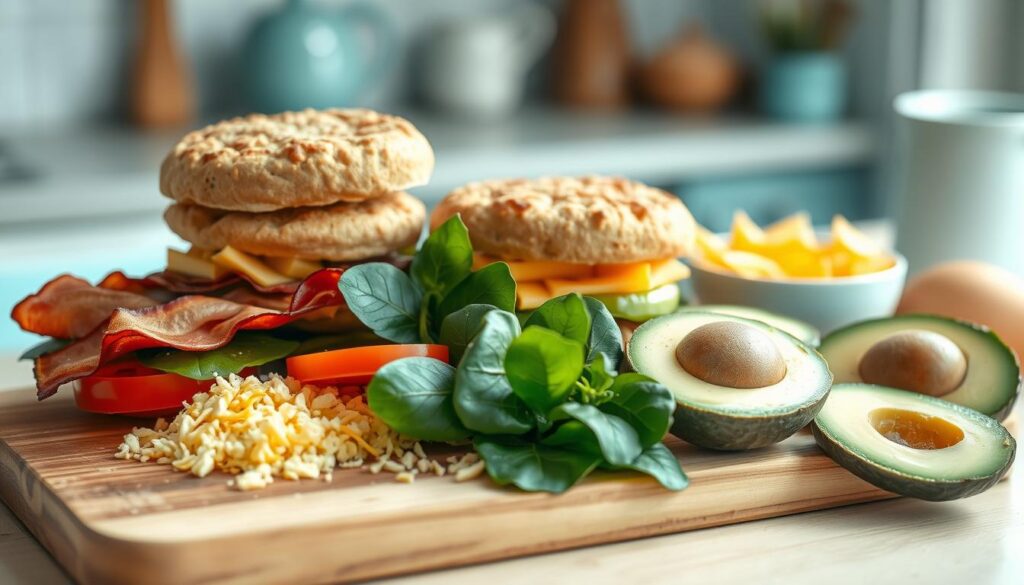 A variety of breakfast sandwich ingredients arranged on a wooden cutting board in a cozy, minimal kitchen setting with light blue accents. An assortment of fresh ingredients including whole wheat English muffins, scrambled eggs, crispy bacon, grated cheddar cheese, sliced tomatoes, spinach leaves, and avocado slices. Soft, diffused lighting illuminates the scene, highlighting the textures and vibrant colors of the components. The composition encourages customization, allowing the viewer to envision their perfect breakfast sandwich to suit their taste and dietary needs.