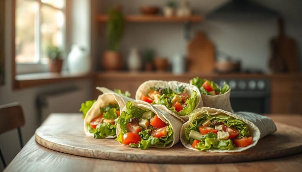 A variety of colorful tortilla wraps are artfully displayed on a wooden table in a cozy, minimalist kitchen. The wraps are filled with fresh, vibrant ingredients like crisp lettuce, juicy tomatoes, creamy avocado, and zesty herbs, creating an enticing and visually appealing arrangement. Soft natural lighting casts a warm glow, highlighting the textures and colors of the ingredients. The overall scene conveys a sense of simplicity, freshness, and culinary creativity, perfectly capturing the essence of 