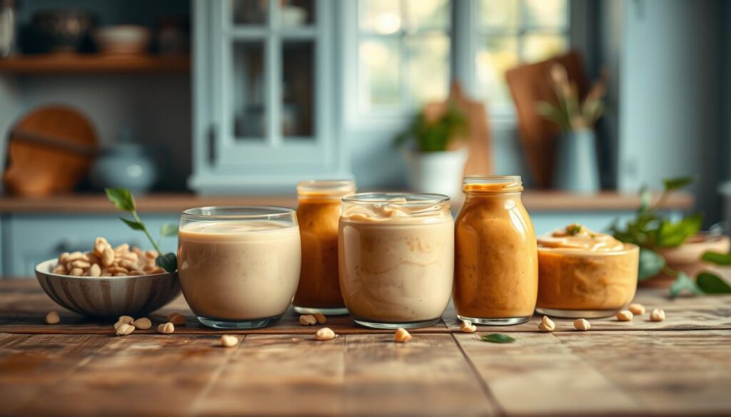 A variety of creamy peanut sauce variations artfully presented on a wooden surface in a cozy, minimal kitchen. Lush textures and earthy hues create an inviting, natural ambiance with light blue accents. The sauces range from smooth and silky to chunky, showcasing their unique colors and consistencies, each a delectable option for Asian noodle dishes. The image is captured from a slightly elevated angle, highlighting the depth and nuance of the sauces and the carefully curated composition.